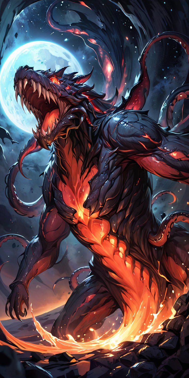 Gargantuan Alien Beast A terrifying alien monster with multiple tentacles, sharp teeth, and glowing red eyes, emerging from the dark abyss of space. The backdrop is a barren, desolate planet with distant stars shining coldly.
