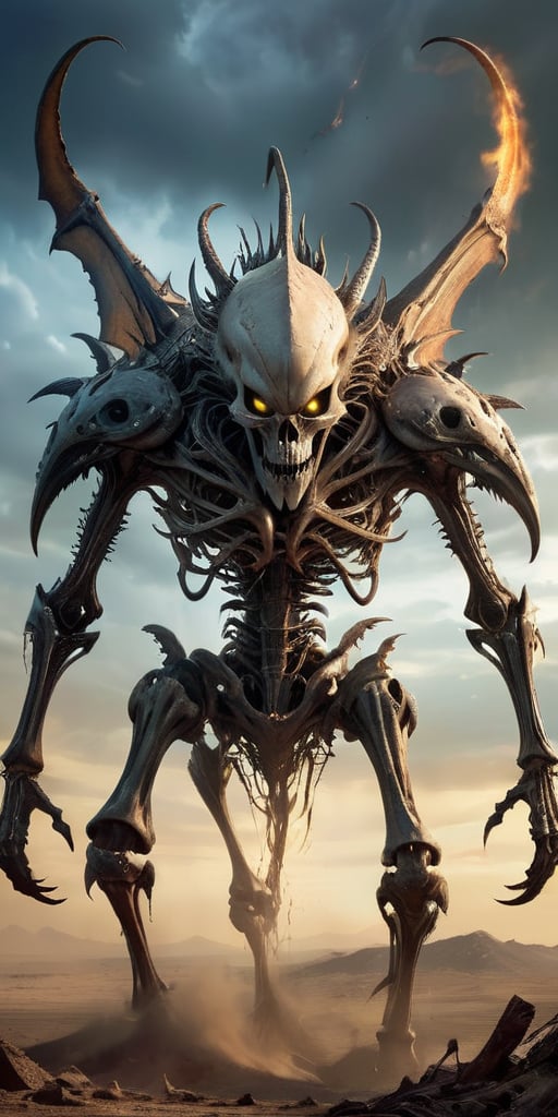 Roaming the barren,  ash-covered wasteland of a post-apocalyptic world,  a towering alien abomination with skeletal wings...