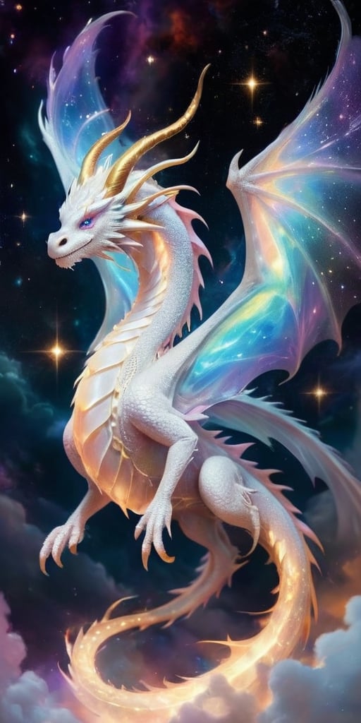 A celestial dragon,  its body a luminous pearl white,  shimmering with the light of distant stars. Its wings are expansive...
