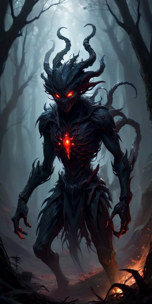 A creature that appears to be made entirely of shadow. It is humanoid in shape,  with long,  clawed fingers and glowing re...