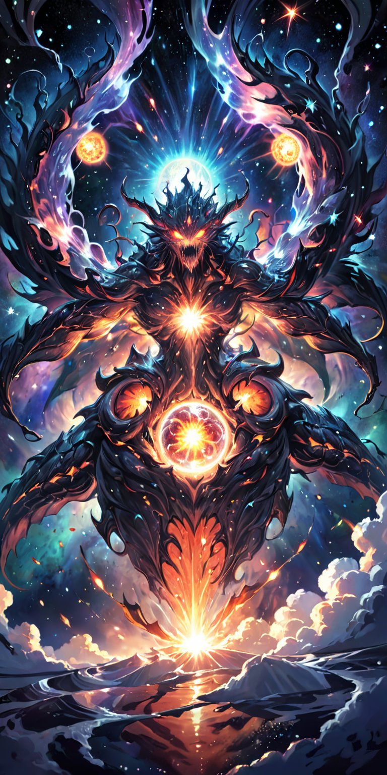 Cosmic Abomination:A nightmarish alien abomination with multiple heads and writhing tendrils,  floating in the depths of s...