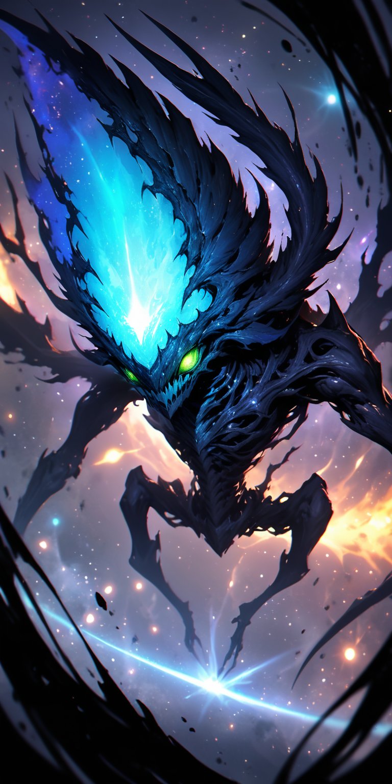 Void Stalker:A sinister alien creature with elongated limbs and a skeletal frame,  its eyes glowing a haunting blue. It fl...