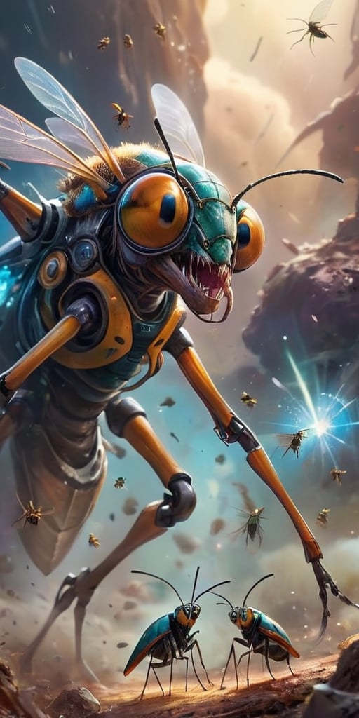 A swarm of small,  insect-like creatures with crystalline exoskeletons,  swarming around a disabled spacecraft like a clou...