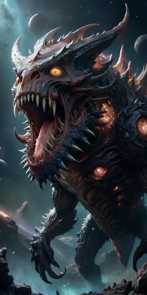 A massive,  multi-eyed behemoth with razor-sharp spines covering its body,  floating menacingly in the vastness of space b...