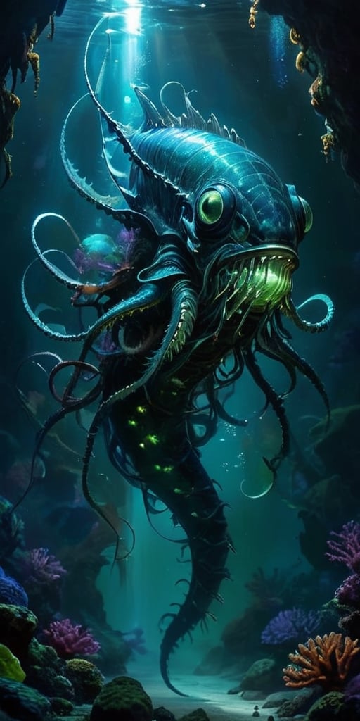 In the depths of a cavernous alien ocean,  a monstrous hybrid lurks in the shadows. Its body is an unsettling fusion of aq...