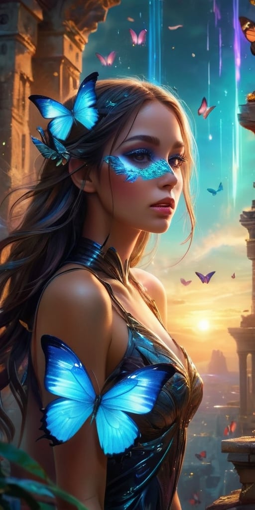 A swarm of bioluminescent butterflies with iridescent wings flutter through the ruins of an ancient alien city. Their deli...