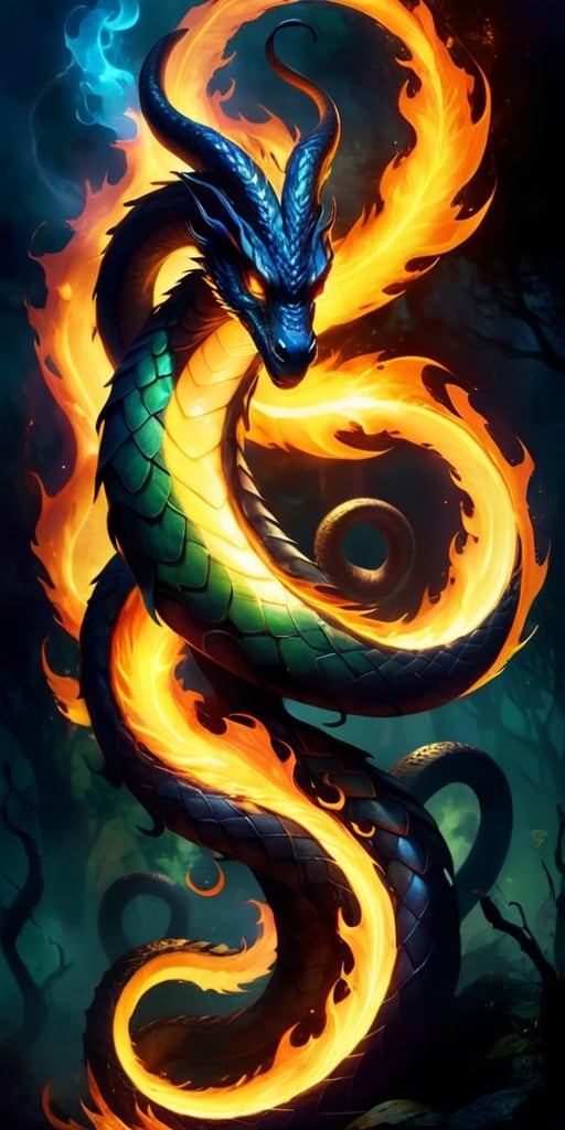 The Shadowflame Hydra A multi-headed serpent,  each head wreathed in shadowy flames,  its eyes glowing with an eerie light...