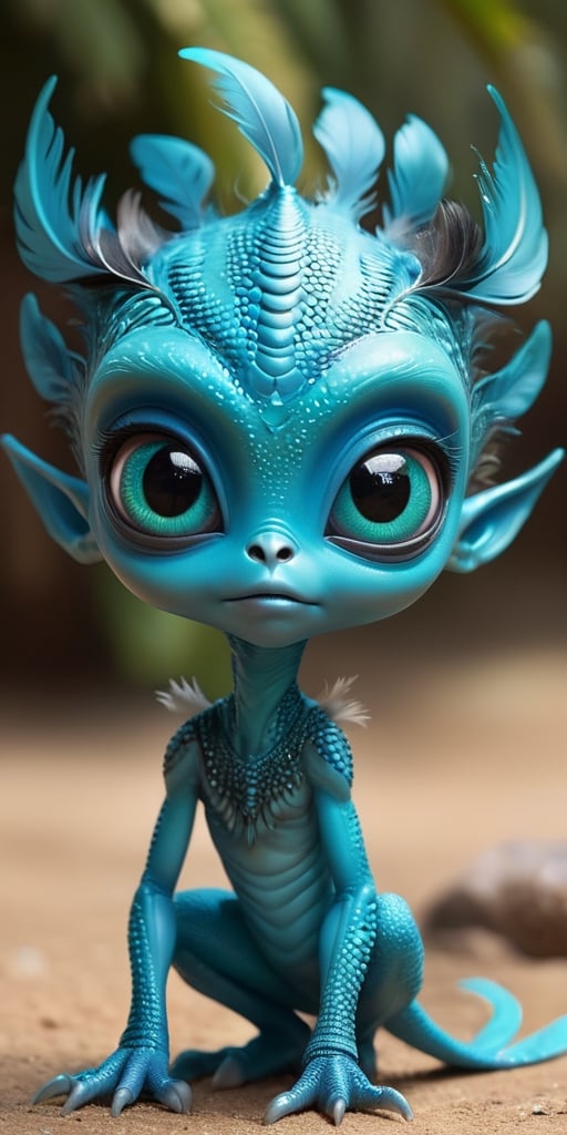 An alien infant with a body that is covered in tiny,  feather-like scales that rustle softly in the breeze. It has large,...
