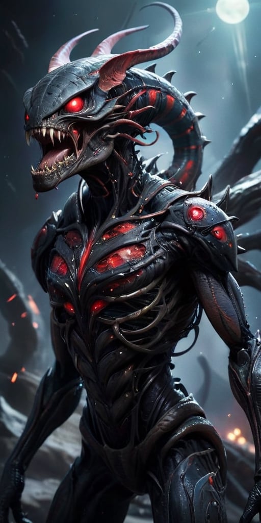 Drifting through the wreckage of a space battle,  a horrifying creature appears,  a blend of alien and nightmare. Its body...