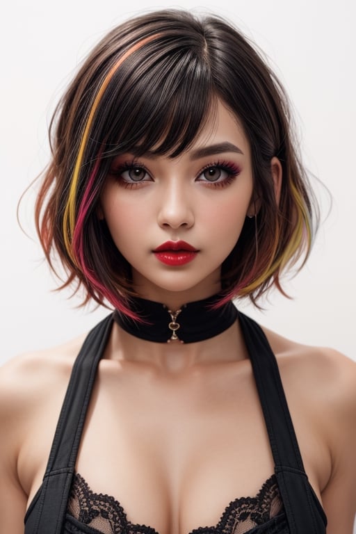 1girl, solo, upper body, looking at viewer, white background, bob cut, short hair, multicolored hair, makeup, parted lips, red lips, eyeliner,