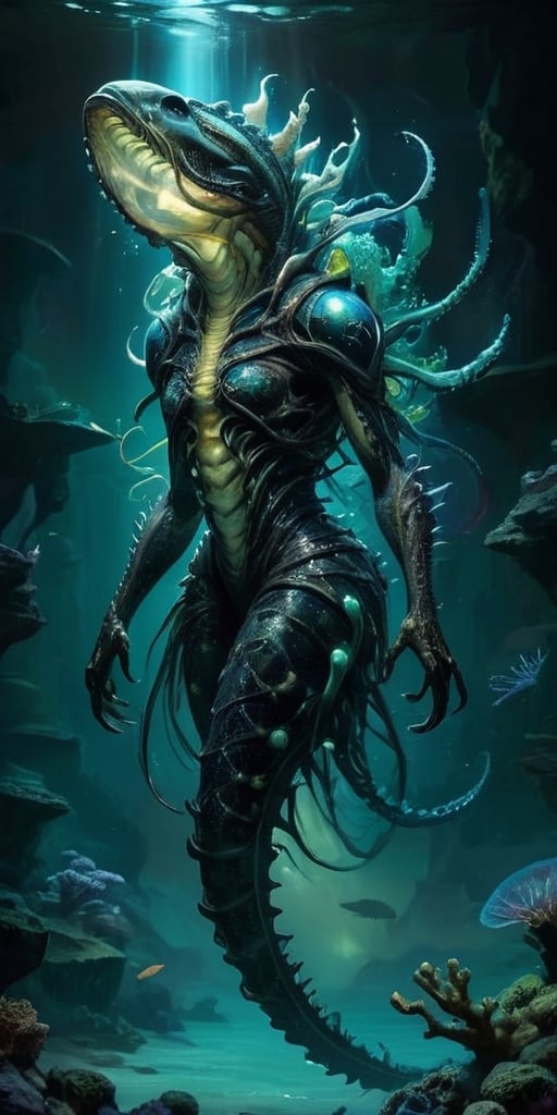 In the depths of a cavernous alien ocean,  a monstrous hybrid lurks in the shadows. Its body is an unsettling fusion of aq...