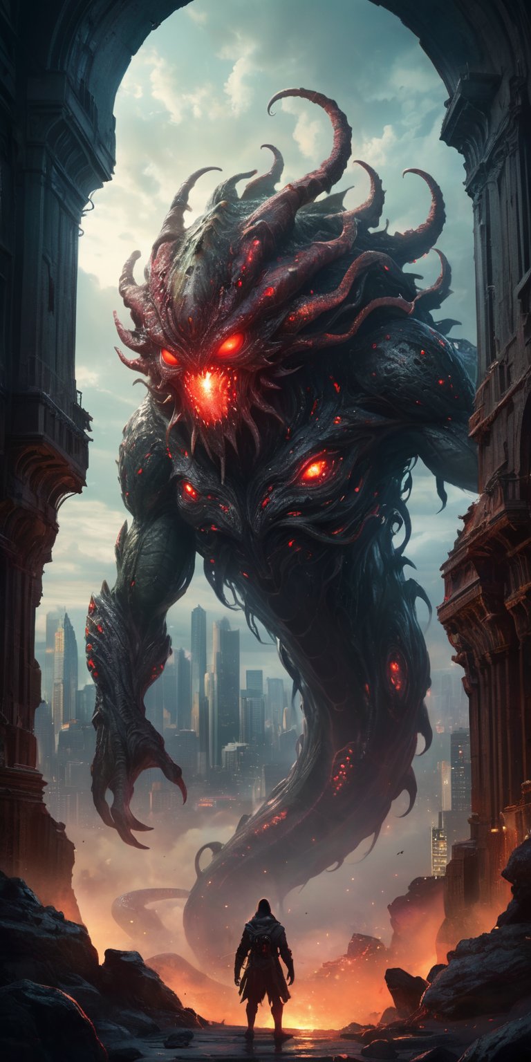 A colossal,  serpentine alien creature with glowing red eyes and a hide covered in barnacle-like growths emerges from a po...