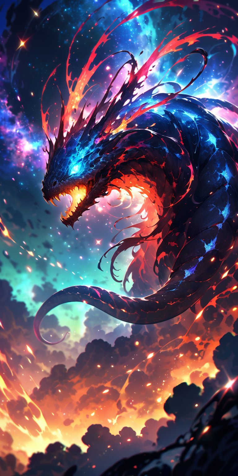 Galactic Hydra:A multi-headed alien hydra with glowing eyes and serpentine necks,  slithering through space. The backdrop...