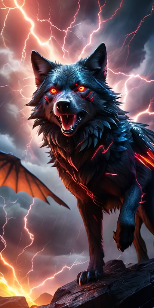 A pack of winged wolf-like creatures with glowing red eyes soar through a raging electrical storm. Their fur crackles with...