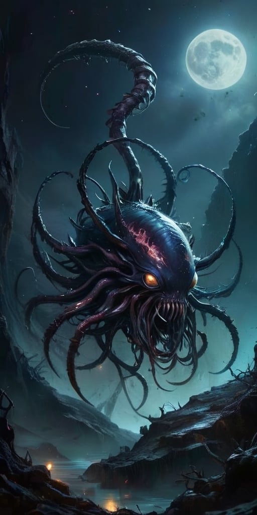 In the silent void of space,  a creature born of nightmares floats menacingly. Its form is a horrifying combination of ali...