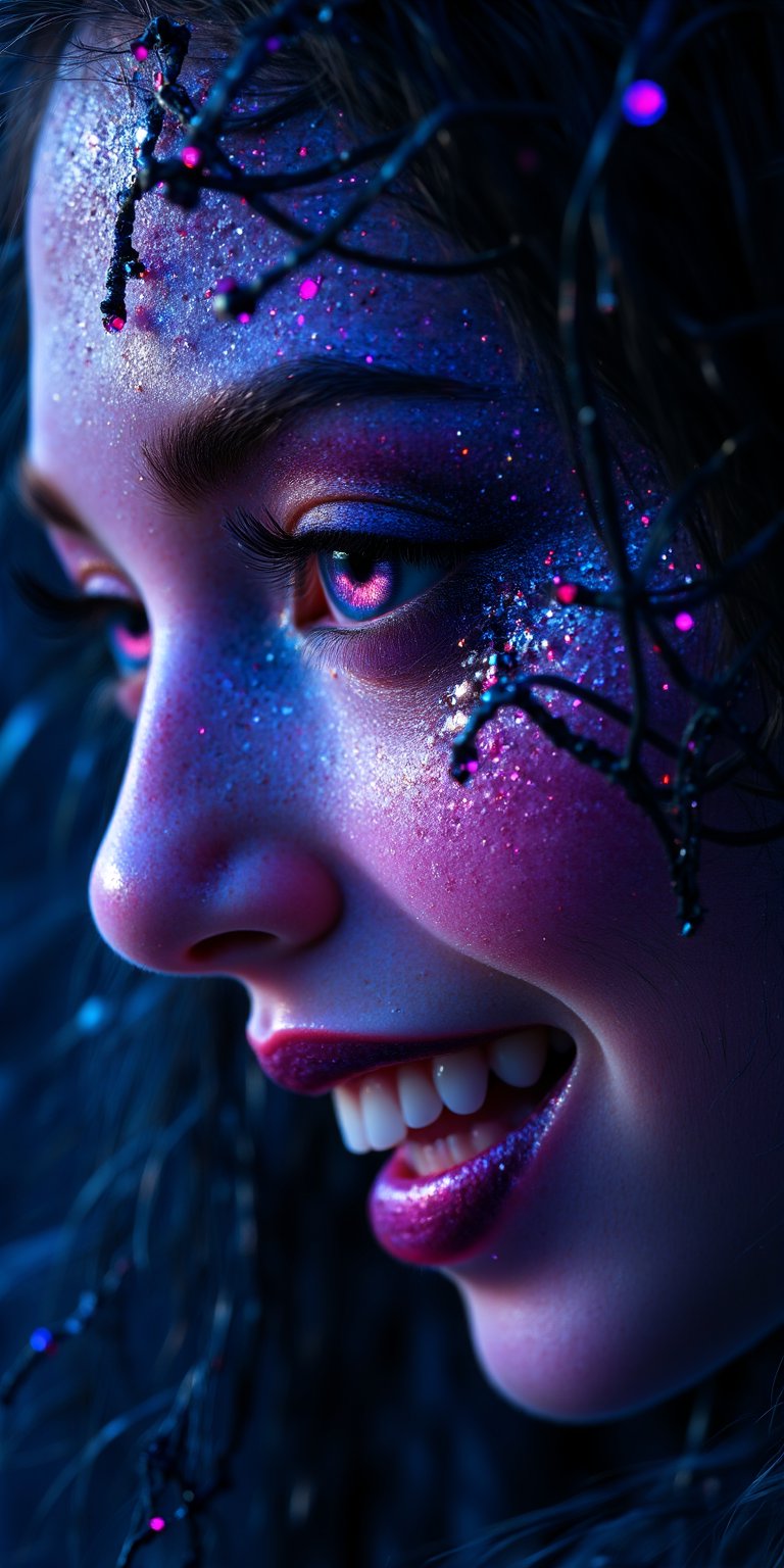 A close-up of a demon woman with an ethereal,  shadowy aura surrounding her. Her skin is a deep shade of indigo,  and her...