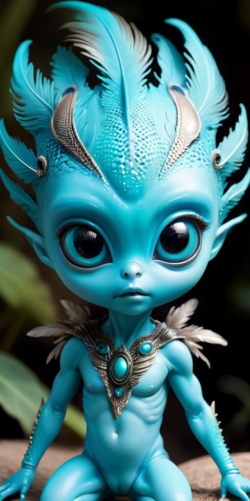 An alien infant with a body that is covered in tiny,  feather-like scales that rustle softly in the breeze. It has large,...