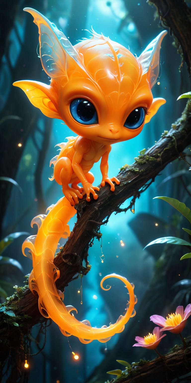 On the branch of a bioluminescent tree,  a baby alien with bright orange skin and a long,  prehensile tail balances effort...