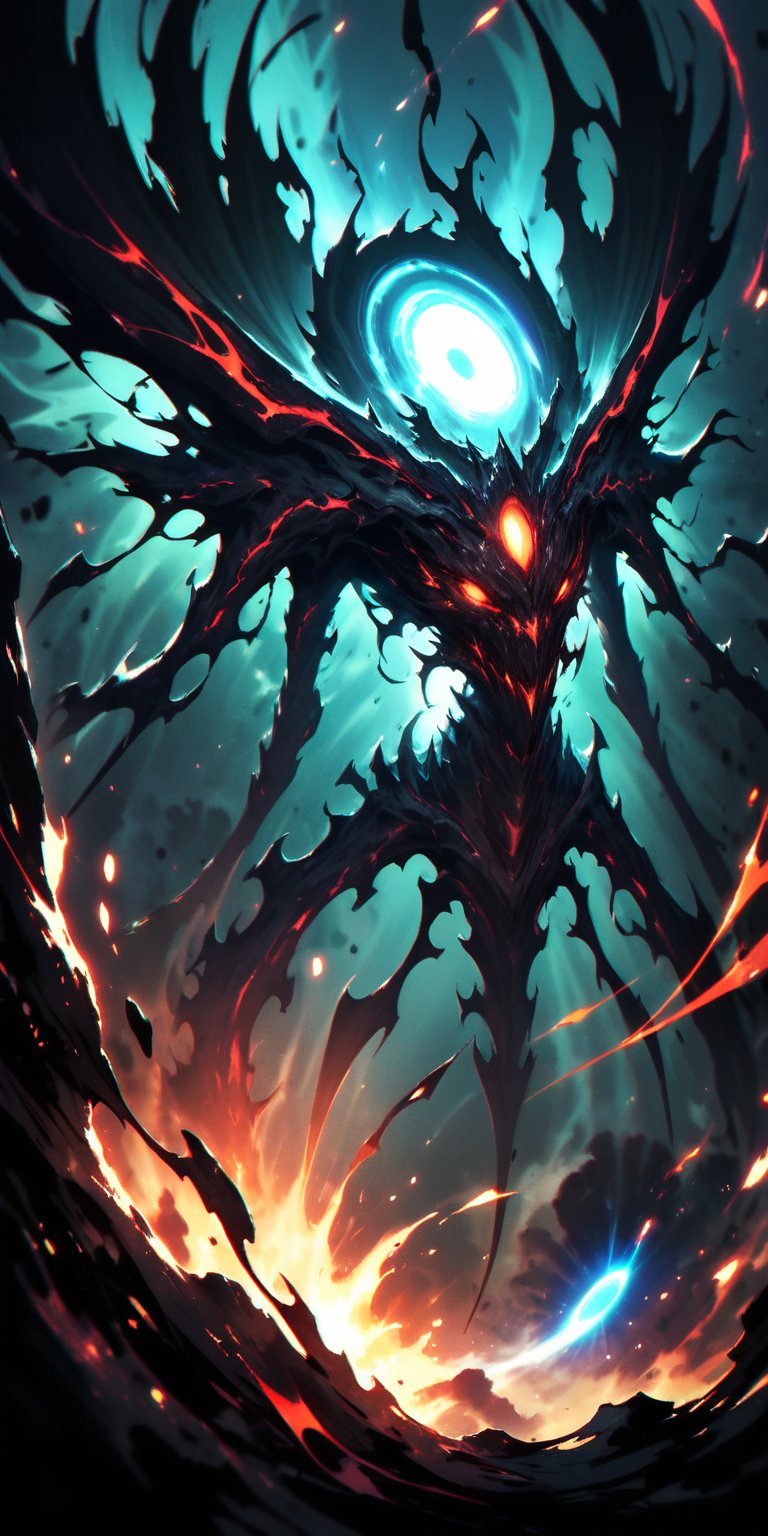 Voidborn Aberration A monstrous alien entity composed of dark, shadowy tendrils and shifting forms, with a single, giant eye at its centre. It drifts ominously near a black hole, absorbing the surrounding light and energy.
