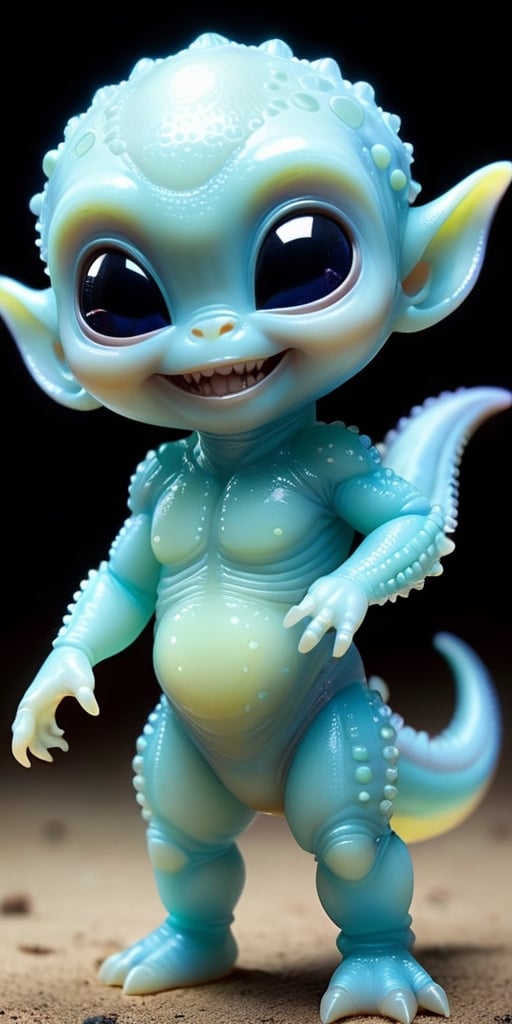 An alien infant with skin that is covered in tiny,  bioluminescent spots that glow softly in the dark. It has a round,  ch...