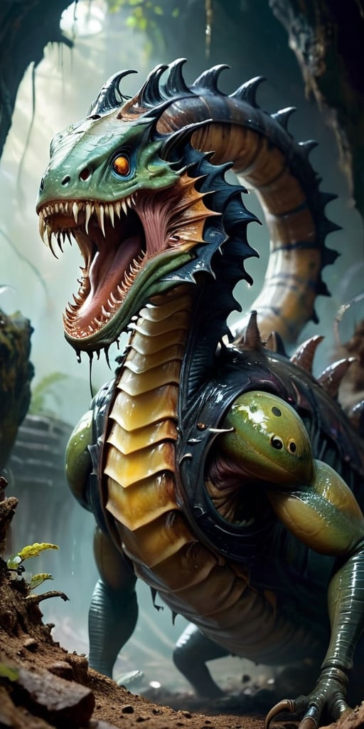 A massive,  worm-like creature that tunnels through the ground,  leaving destruction in its wake. It has a gaping maw line...