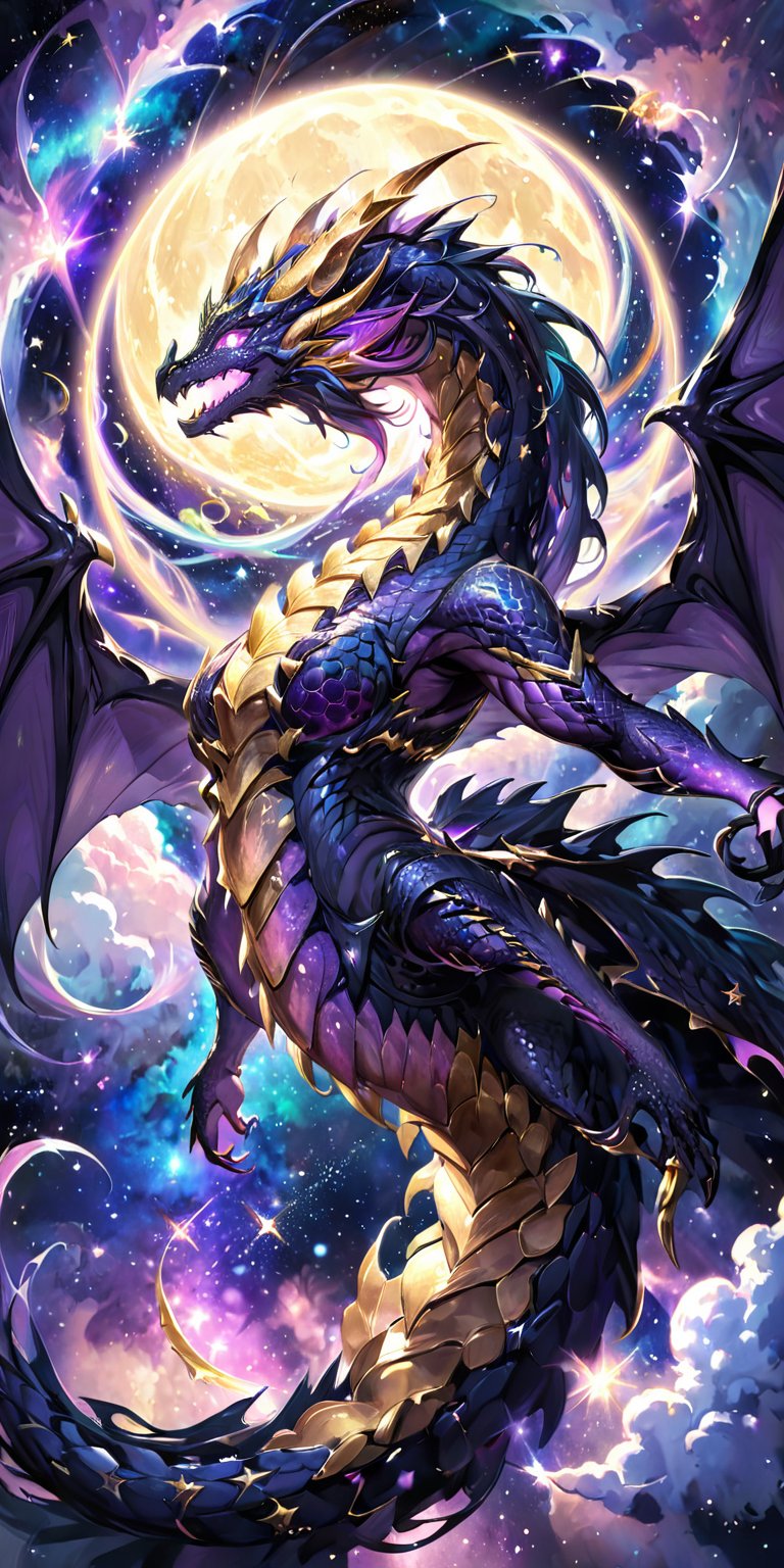 Majestic Galactic Dragon: A colossal dragon with shimmering scales of deep indigo and gold,  its wings unfurled and spanni...