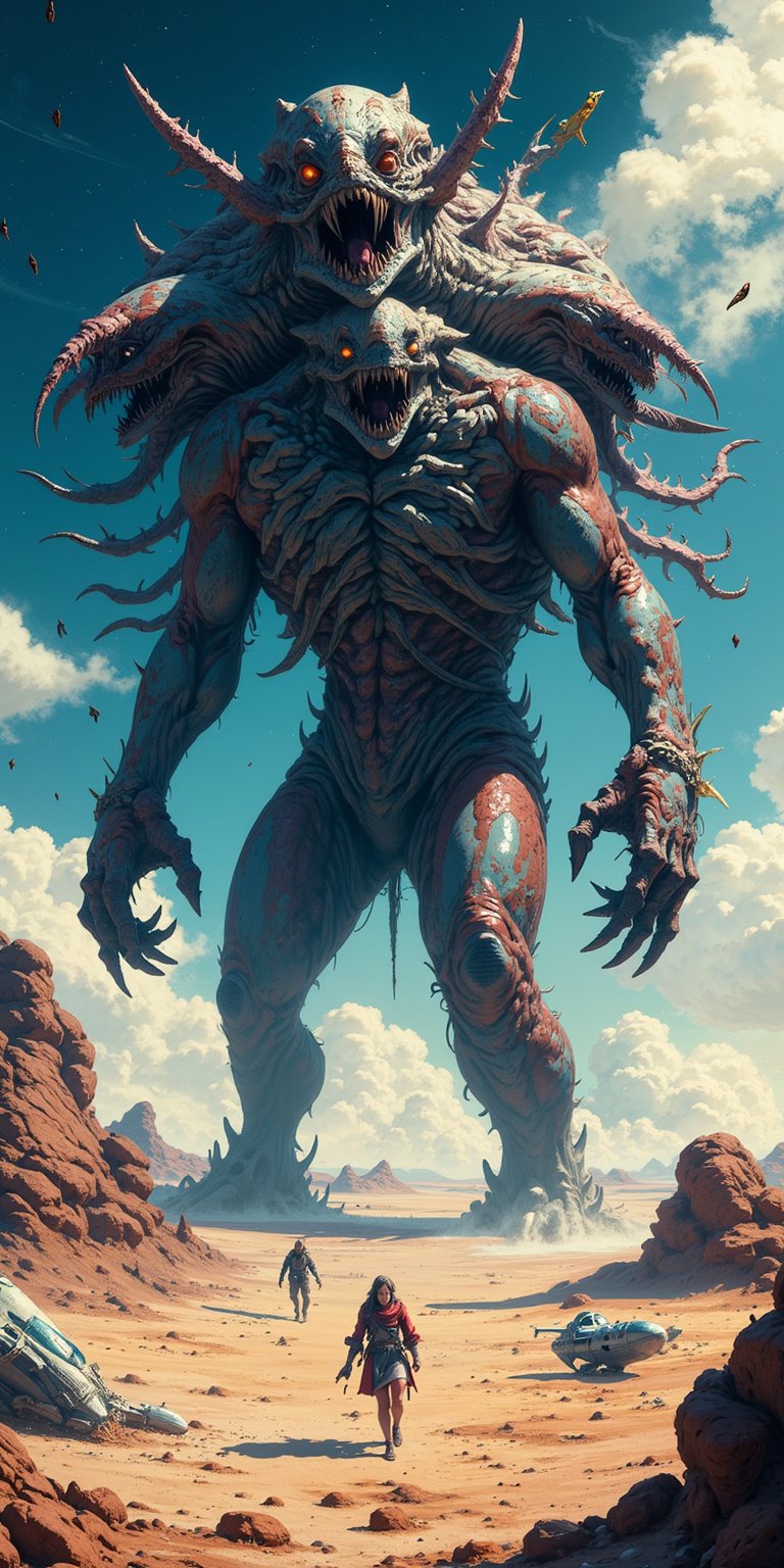 A grotesque amalgamation of alien and monster,  with four heads screeching,  its claws digging into a barren alien planet...
