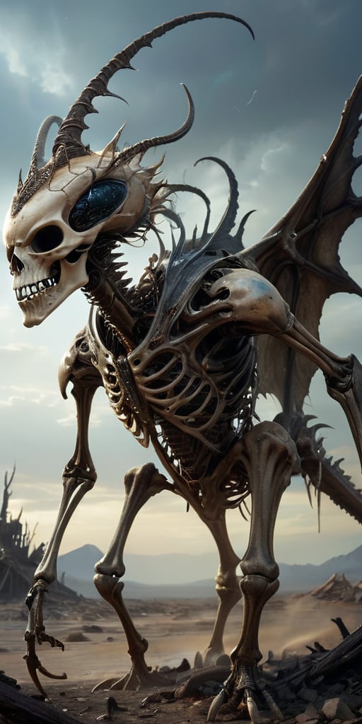 Roaming the barren,  ash-covered wasteland of a post-apocalyptic world,  a towering alien abomination with skeletal wings...