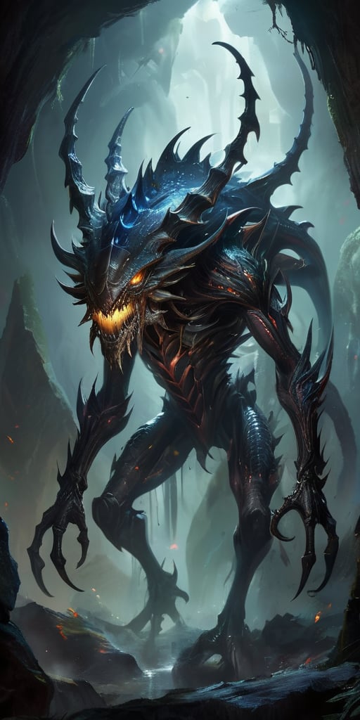 Emerging from a shadowy rift in the earth,  a colossal alien beast with a grotesque,  segmented body covered in hardened b...
