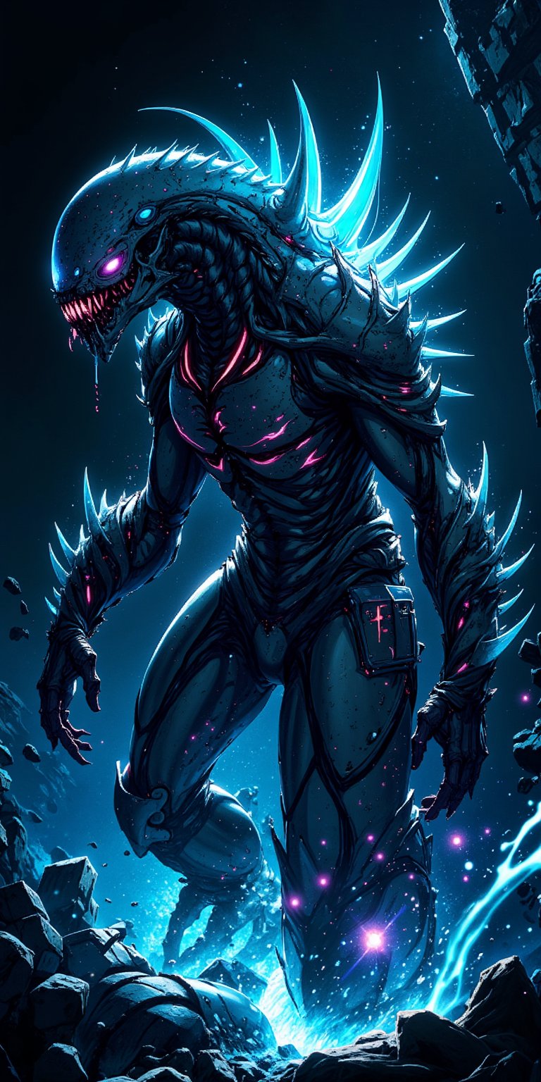 A biomechanical alien-monster hybrid, covered in sharp exoskeletons and glowing with an eerie blue light, slithering through the remains of a destroyed spaceship in the blackness of space.,Anime Style