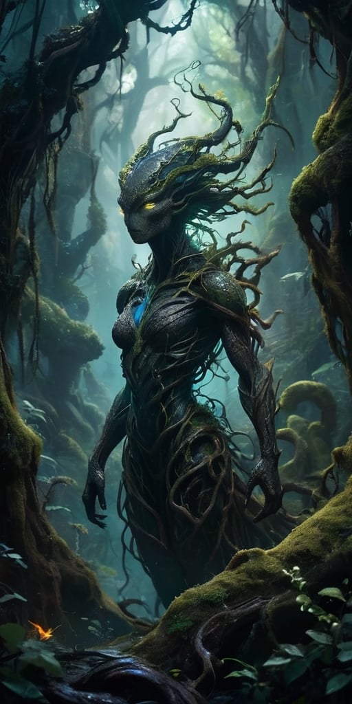 The Shadowed Abyss In the depths of a dark,  cavernous abyss,  where twisted roots of ancient trees intertwine with alien...