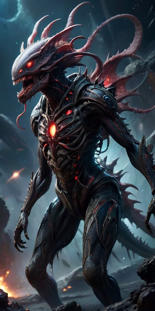 Drifting through the wreckage of a space battle,  a horrifying creature appears,  a blend of alien and nightmare. Its body...