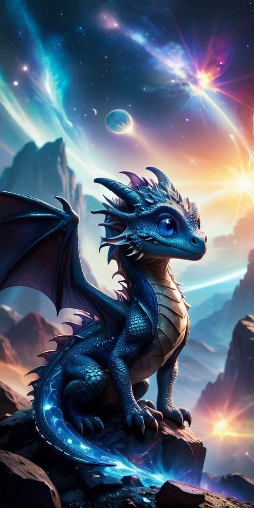 Celestial Guardians A baby dragon perches on a small asteroid, watching over a distant planet with an atmosphere filled with swirling auroras. Its scales are a deep, metallic blue, and its eyes reflect the planet's shimmering beauty.