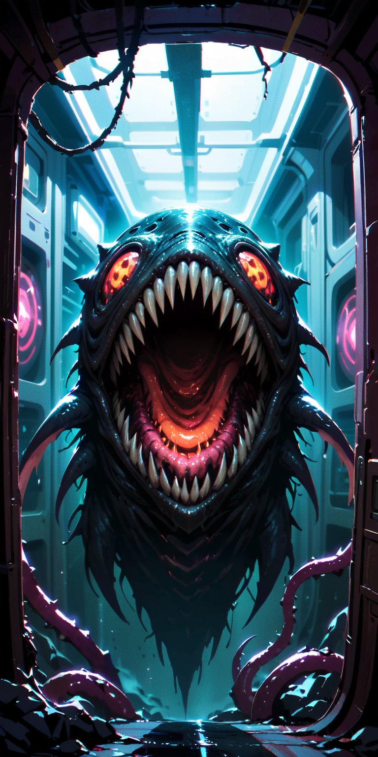 A horrifying alien creature with razor-sharp claws and barbed tentacles bursts through the hull of a spaceship,  its guttu...