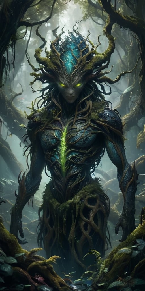 The Shadowed Abyss In the depths of a dark,  cavernous abyss,  where twisted roots of ancient trees intertwine with alien...