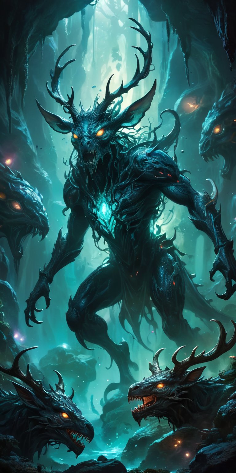 Deep within a bioluminescent cavern,  a serpentine alien with glowing eyes battles a grotesque stag with pulsating alien g...