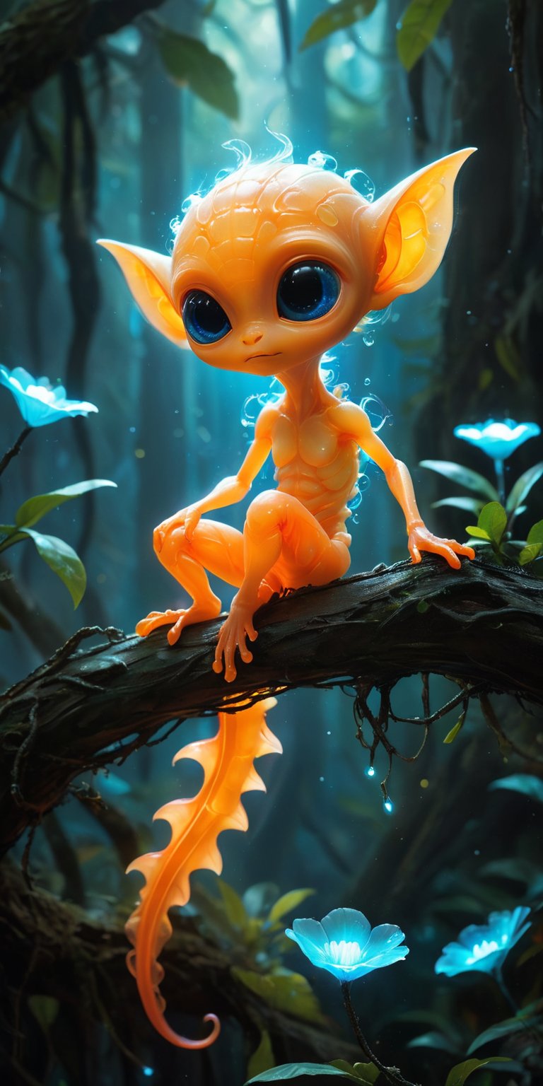 On the branch of a bioluminescent tree,  a baby alien with bright orange skin and a long,  prehensile tail balances effort...