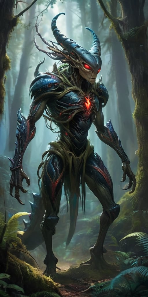 In the heart of a dense,  alien forest,  a monstrous alien hybrid stalks through the undergrowth. Its body is covered in t...