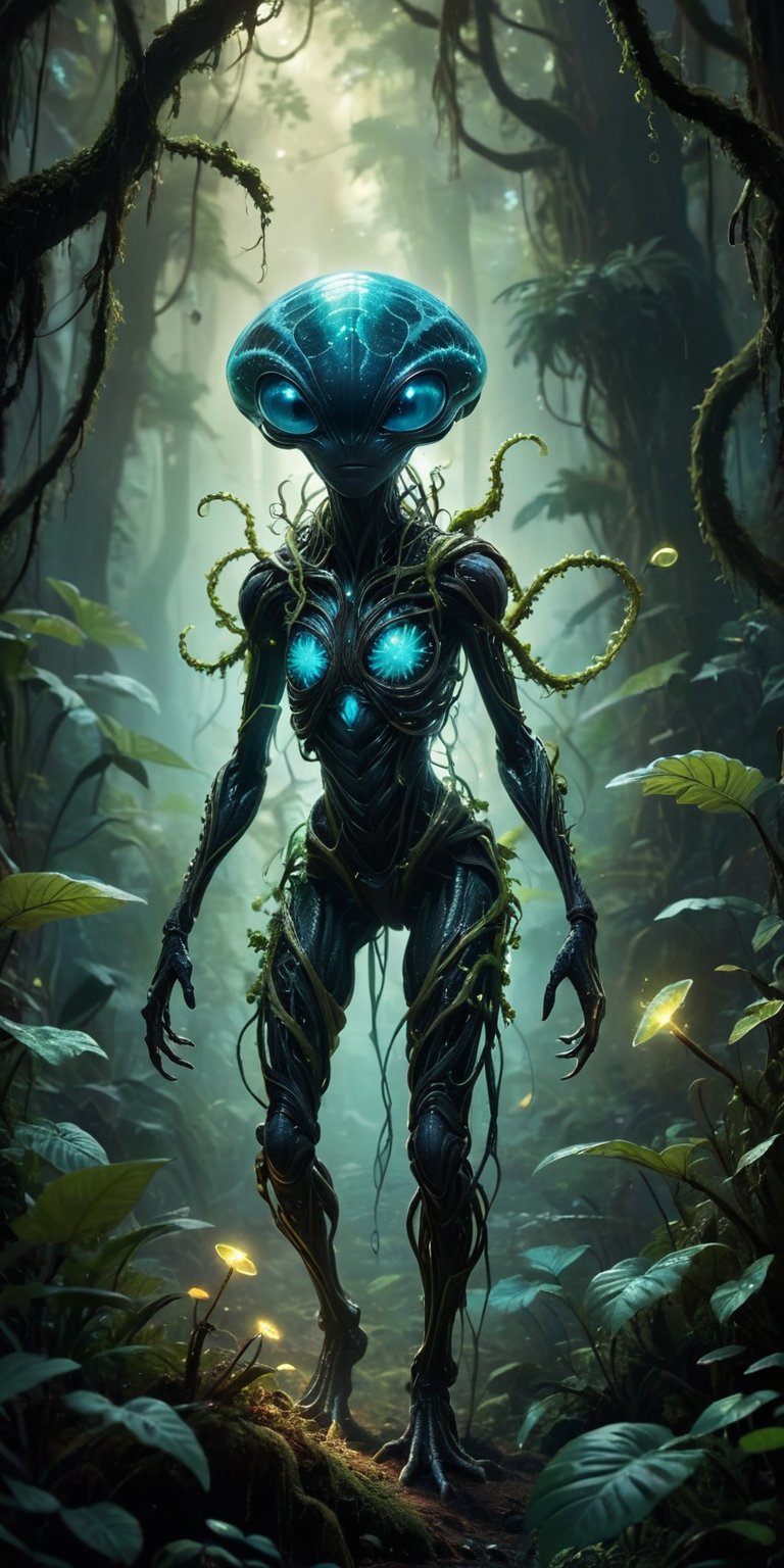 A lush,  bioluminescent forest teems with hidden dangers. A spindly alien with glowing spores stalks a monstrous,  plant-l...