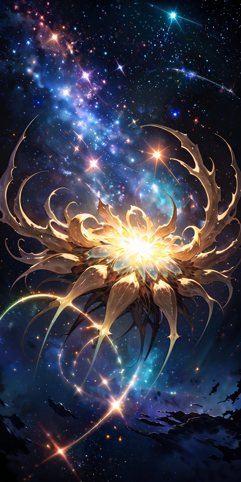 Starfield Beast:A large,  spider-like alien with luminescent spots along its body,  crawling among the stars. The backgrou...