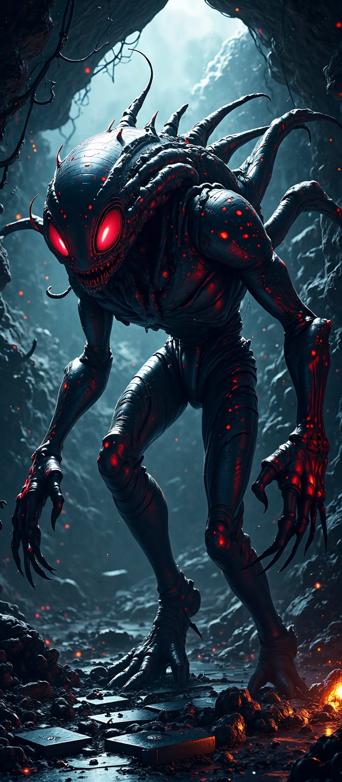 A terrifying alien monster emerges from the shadows of a desolate space station. The creature has a grotesque,  insectoid...