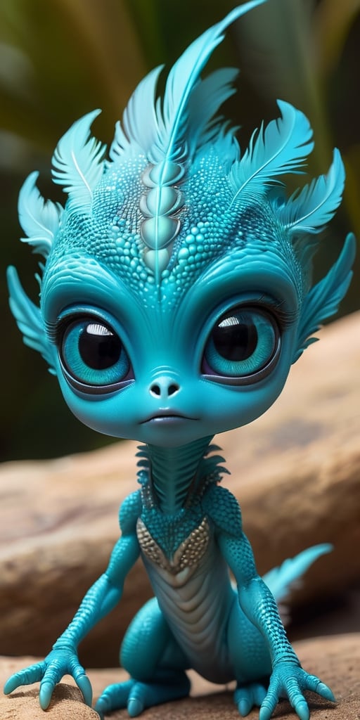 An alien infant with a body that is covered in tiny,  feather-like scales that rustle softly in the breeze. It has large,...