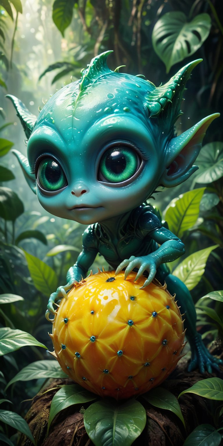 Amid the vibrant foliage of an alien jungle,  a baby alien with bright,  emerald-green skin and a small by Caption Master...