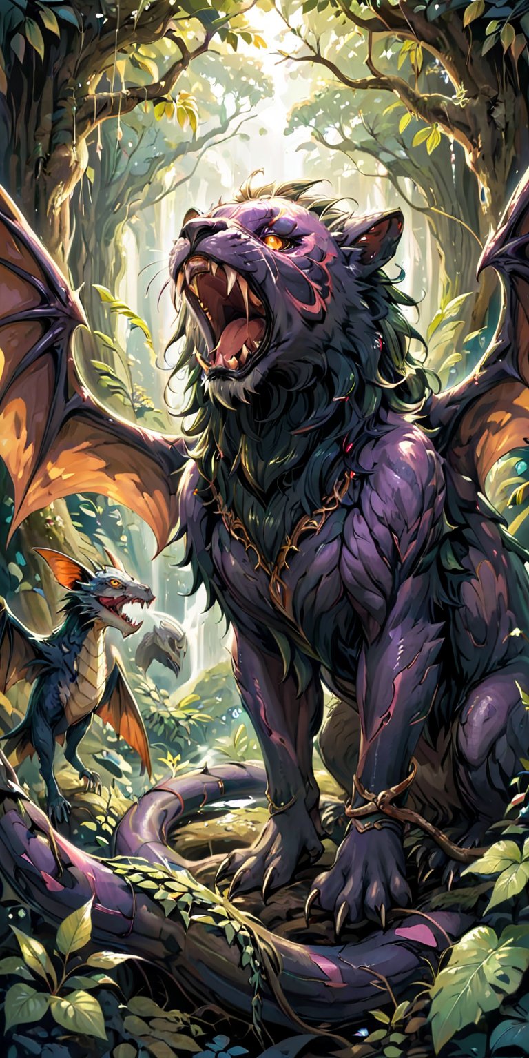 A horrifying alien chimera with the head of a lion,  the body of a serpent,  and the wings of a bat by Caption Master on T...