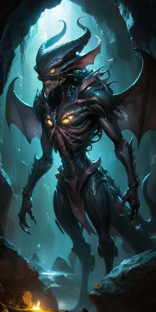 In the depths of a dark,  cavernous alien world,  a monstrous alien hybrid slithers through the shadows. Its body is a gro...