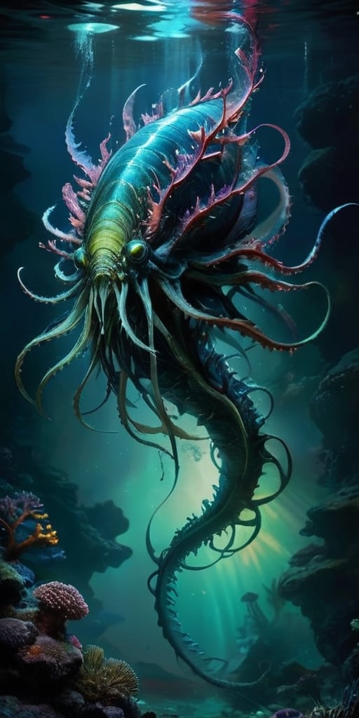 In the depths of a cavernous alien ocean,  a monstrous hybrid lurks in the shadows. Its body is an unsettling fusion of aq...