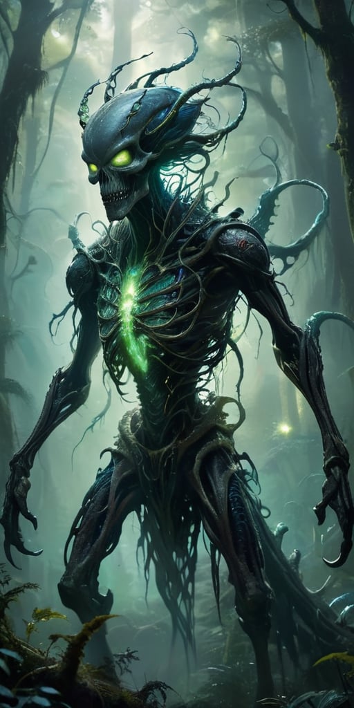 Emerging from a swirling,  ethereal mist,  a monstrous alien creature with a skeletal frame and bioluminescent by Caption...