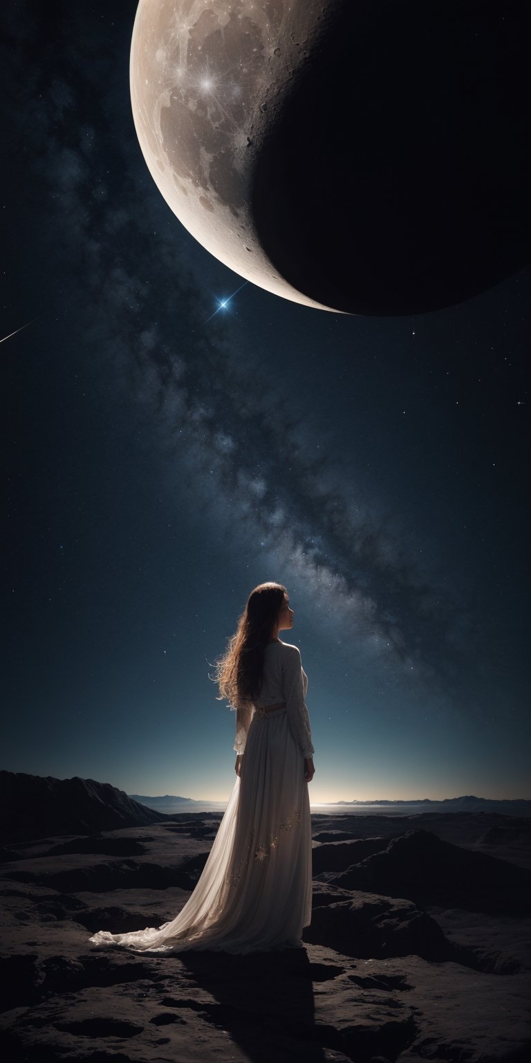 A cosmic explorer A woman with deep,  contemplative eyes,  her hair flowing like stardust by Caption Master on Tensor.Art
