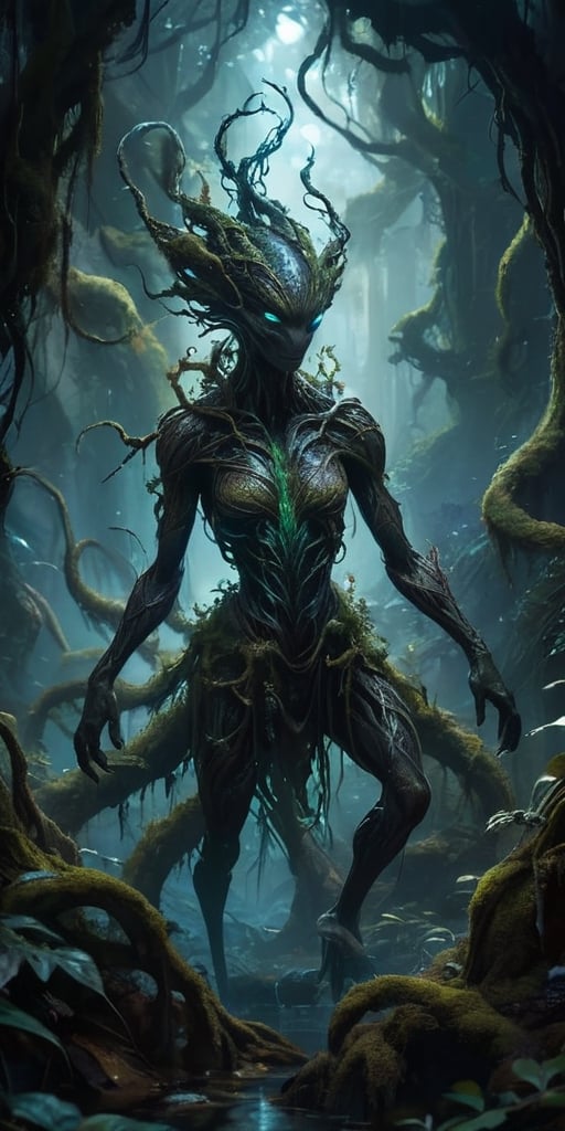 The Shadowed Abyss In the depths of a dark,  cavernous abyss,  where twisted roots of ancient trees intertwine with alien...