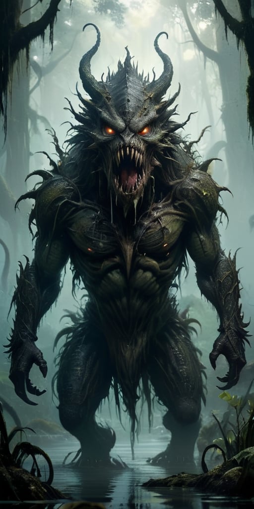 Vicious Swamp Beast A monstrous creature emerging from the murky depths of a swamp. Its body is covered in dark,  slimy sc...